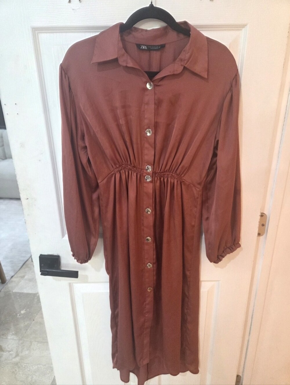 Zara Rust Button-Front Midi Shirt Dress